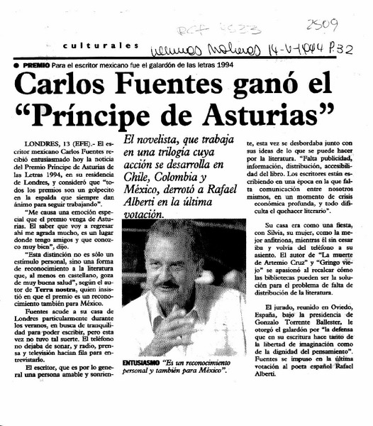 Carlos Fuentes ganó el "Príncipe de Asturias"  [artículo].