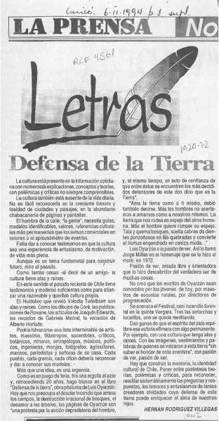 Defensa de la tierra  [artículo] Hernán Rodríguez Villegas.