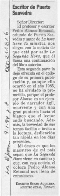 Escritor de Puerto Saavedra  [artículo] Ernerto Suazo Aguilera.