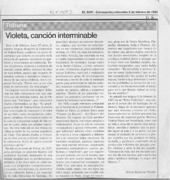 Violeta, canción interminable  [artículo] Eduardo Espinoza Viveros.
