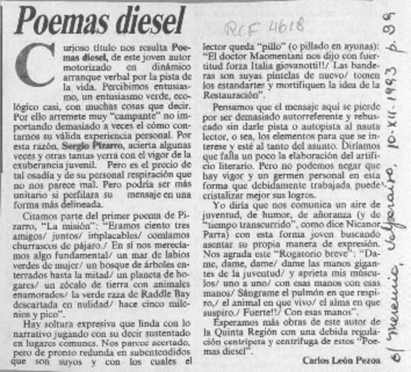 Poemas diesel  [artículo] Carlos León Pezoa.