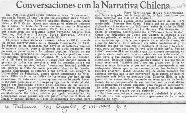 Conversaciones con la narrativa chilena  [artículo] Wellington Rojas Valdebenito.