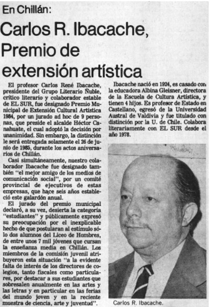 Carlos R. Ibacache, Premio de Extensión Artística