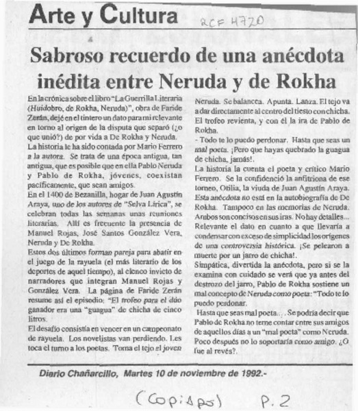 Sabroso recuerdo de una anécdota inédita entre Neruda y de Rokha  [artículo].