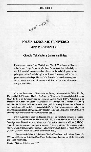 Poesía, lenguaje y universo  [artículo] Jaime Valdivieso.