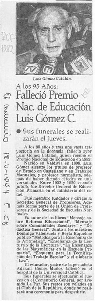 Falleció Premio Nac. de Educación Luis Gómez C.  [artículo].