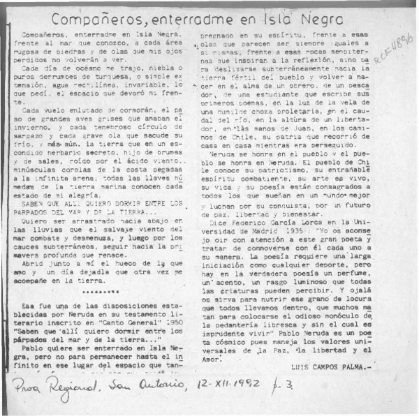Compañeros, enterradme en Isla Negra  [artículo] Luis Campos Palma.