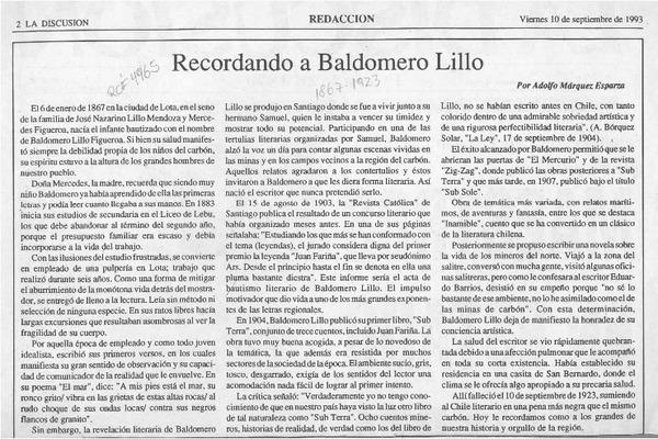 Recordando a Baldomero Lillo  [artículo] Adolfo Márquez Esparza.