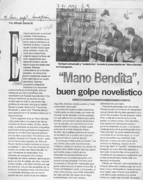 "Mano Bendita", buen golpe novelístico  [artículo] Alfredo Barría M.