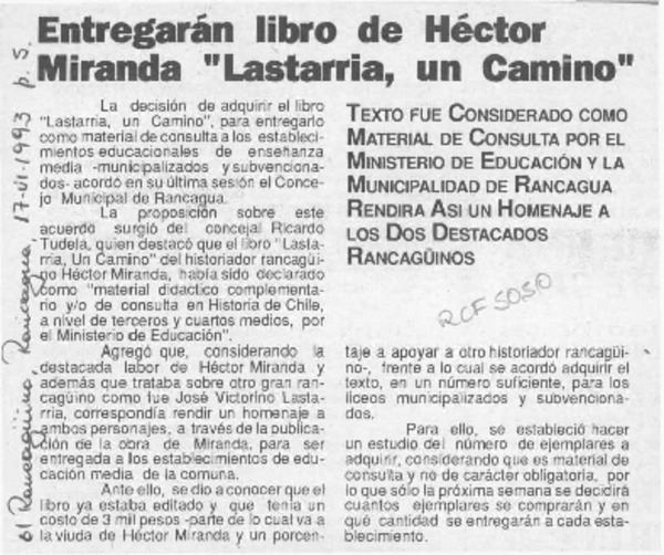 Entregarán libro de Héctor Miranda "Lastarria, un camino"  [artículo].