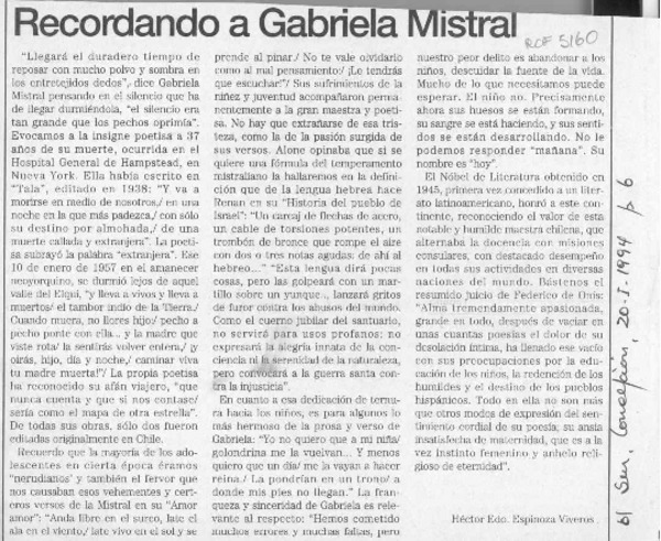 Recordando a Gabriela Mistral  [artículo] Héctor Edo. Espinoza Viveros.