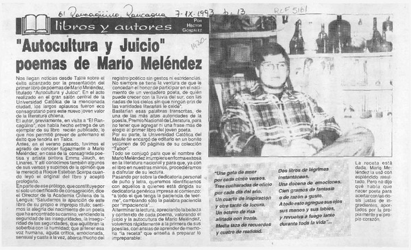 "Autocultura y juicio" poemas de Mario Meléndez  [artículo] Héctor González.