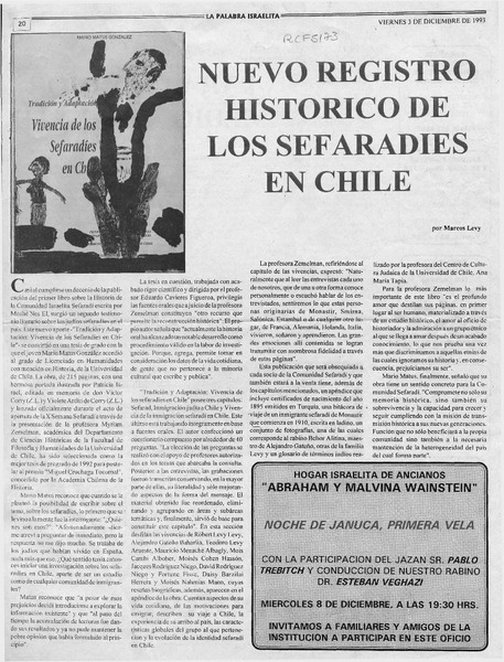 Nuevo registro histórico de los sefaradíes en Chile  [artículo] Marcos Levy.