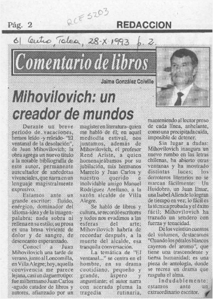 Mihovilovic, un creador de mundos  [artículo] Jaime González Colville.