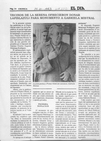 Vecinos de La Serena ofrecieron donar lapislázuli para monumento a Gabriela Mistral  [artículo].