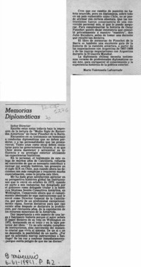 Memorias diplomáticas  [artículo] Mario Valenzuela Lafourcade.