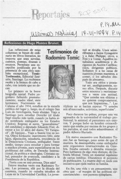 Testimonios de Radomiro Tomic  [artículo] Hugo Montes Brunet.
