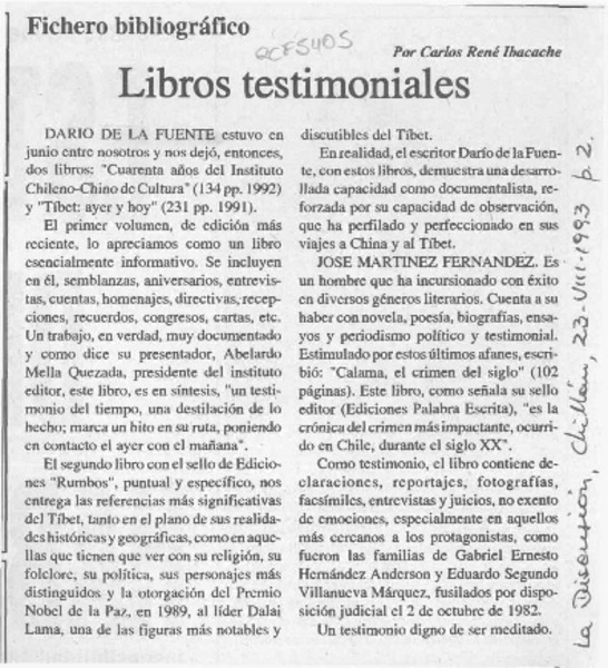 Libros testimoniales  [artículo] Carlos René Ibacache.