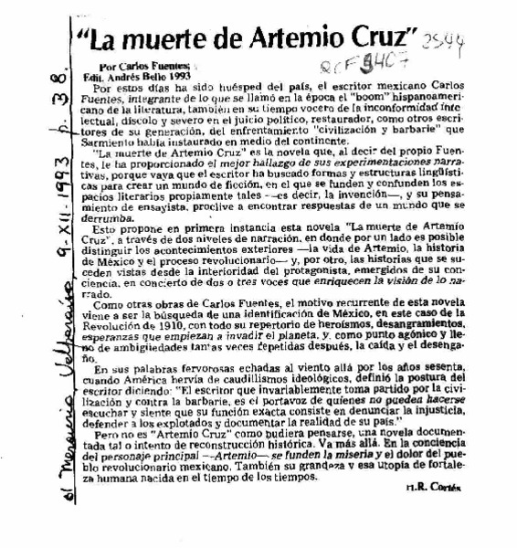 "La muerte de Artemio Cruz"  [artículo] H. R. Cortés.