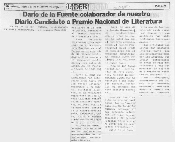Darío de la Fuente colaborador de nuestro, diario candidato a Premio Nacional de Literatura  [artículo].
