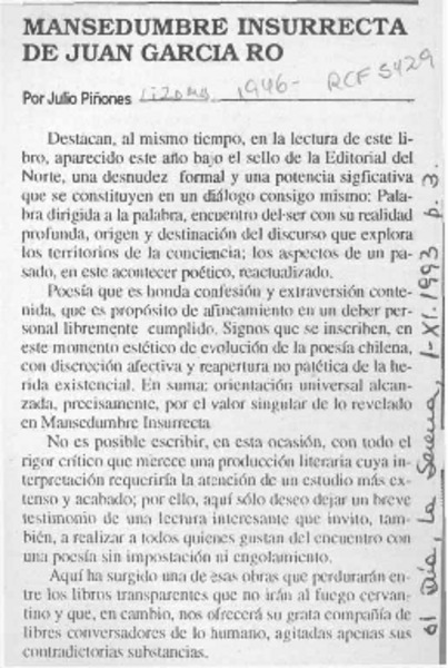 Mansedumbre insurrecta de Juan García Ro  [artículo] Julio Piñones.