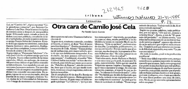 Otra cara de Camilo José Cela  [artículo] Rodolfo Garcés Guzmán.