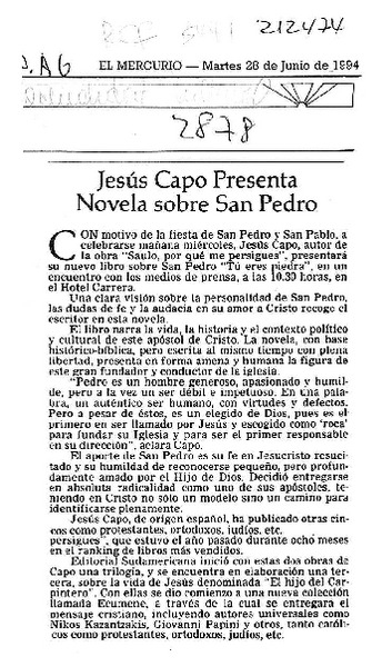 Jesús Capo presenta novela sobre San Pedro  [artículo].