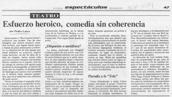 Esfuerzo heroico, comedia sin coherencia  [artículo] Pedro Labra.