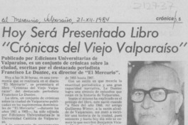 Hoy será presentado libro "Crónicas del viejo Valparaíso"