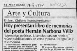 Hoy presentan libro de memorias del poeta Hernán Narbona Véliz  [artículo].