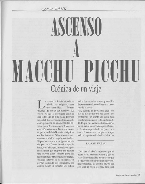 Ascenso a Macchu Picchu crónica de un viaje  [artículo] Pedro Correa Vásquez.