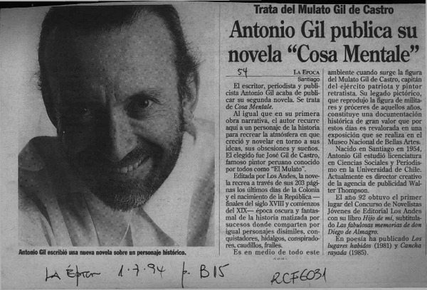Antonio Gil publica su novela "Cosa mentale"  [artículo].