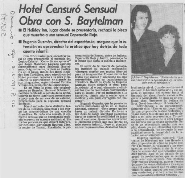 Hotel censuró sensual obra con S. Baytelman