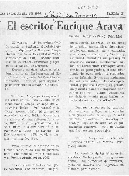 El escritor Enrique Araya  [artículo] José Vargas badilla.