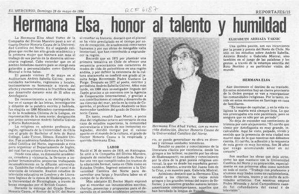 Hermana Elsa, honor al talento y la humildad  [artículo] Elizabeth Arriaza Yaksic.