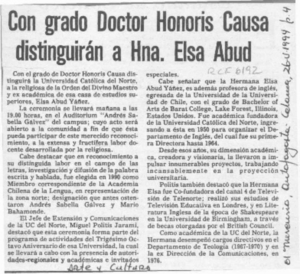 Con grado Doctor Honoris Causa distinguirán a Hna. Elsa Abud  [artículo].