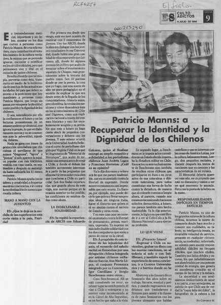 Patricio Manss, a recuperar la identidad y la dignidad de los chilenos  [artículo] Lito Carrasco M.