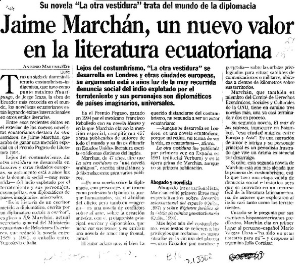 Jaime Marchán, un nuevo valor en la literatura ecuatoriana  [artículo] Antonio Martínez.