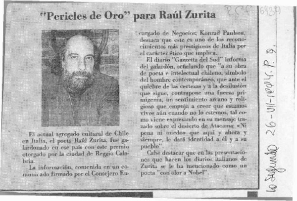 "Pericles de oro" para Raúl Zurita  [artículo].