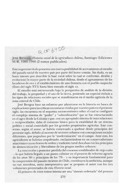 José Bengoa, Historia social de la agricultura chilena  [artículo] Jaime Valenzuela Márquez.