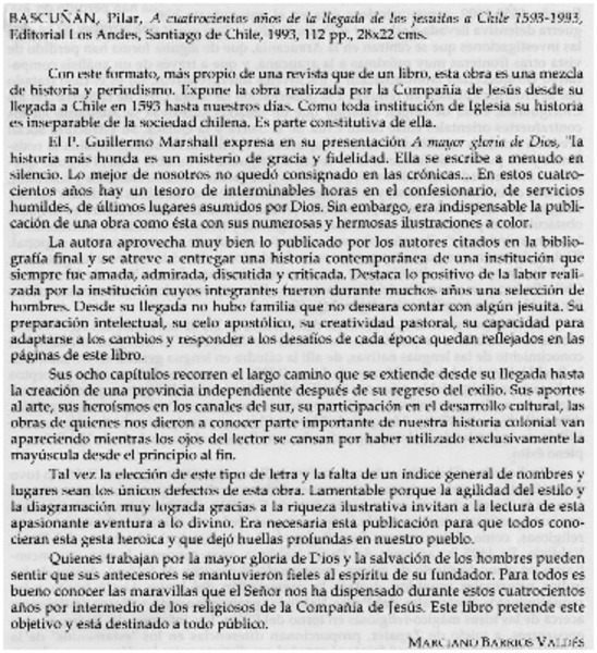 Bascuñan, Pilar, "A 400 años de la llegada de los jesuitas a Chile"