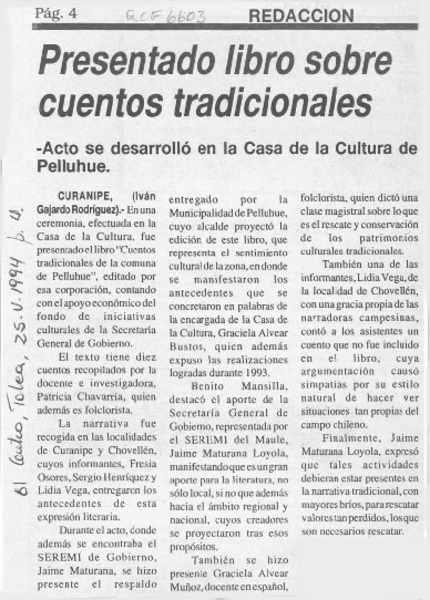Presentado libro sobre cuentos tradicionales  [artículo] Iván Gajardo Rodríguez.