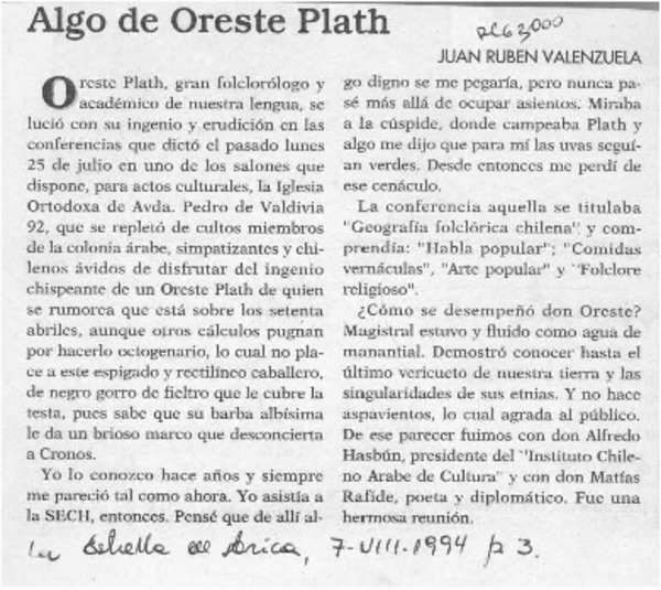 Algo de Oreste Plath  [artículo] Juan Rubén Valenzuela.