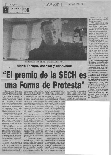 "El Premio de la SECh es una forma de protesta"  [artículo].