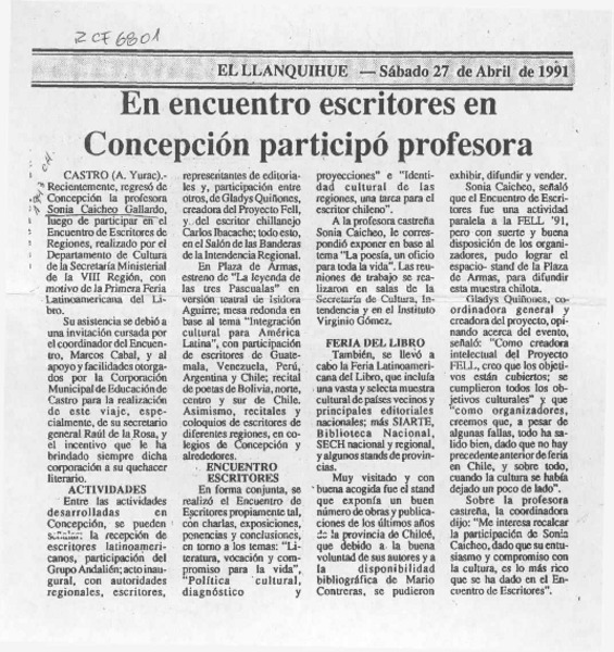 En encuentro de escritores en Concepción participó profesora  [artículo] A. Yurac.
