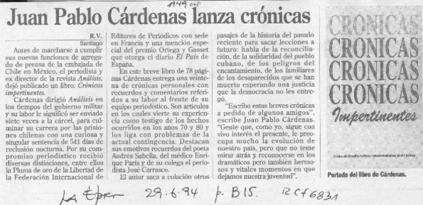 Juan Pablo Cárdenas lanza crónicas  [artículo] R. V.