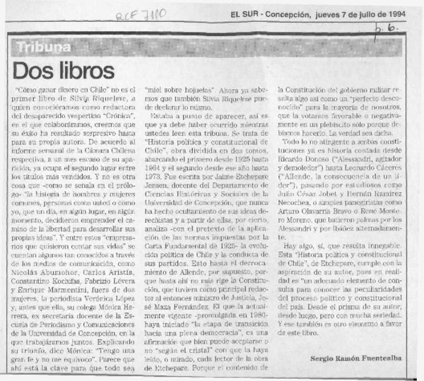 Dos libros  [artículo] Sergio Ramón Fuentealba.