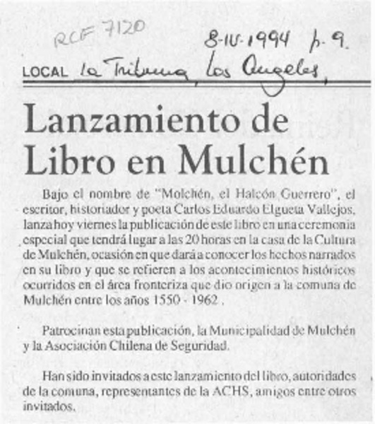 Lanzamiento de libro en Mulchén  [artículo].