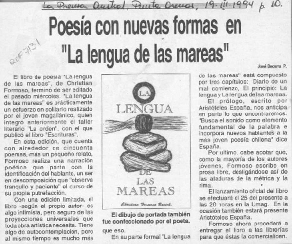 Poesía con nuevas formas en "La lengua de las mareas"  [artículo] José Becerra P.
