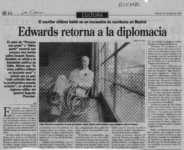 Edwards retorna a la diplomacia  [artículo].